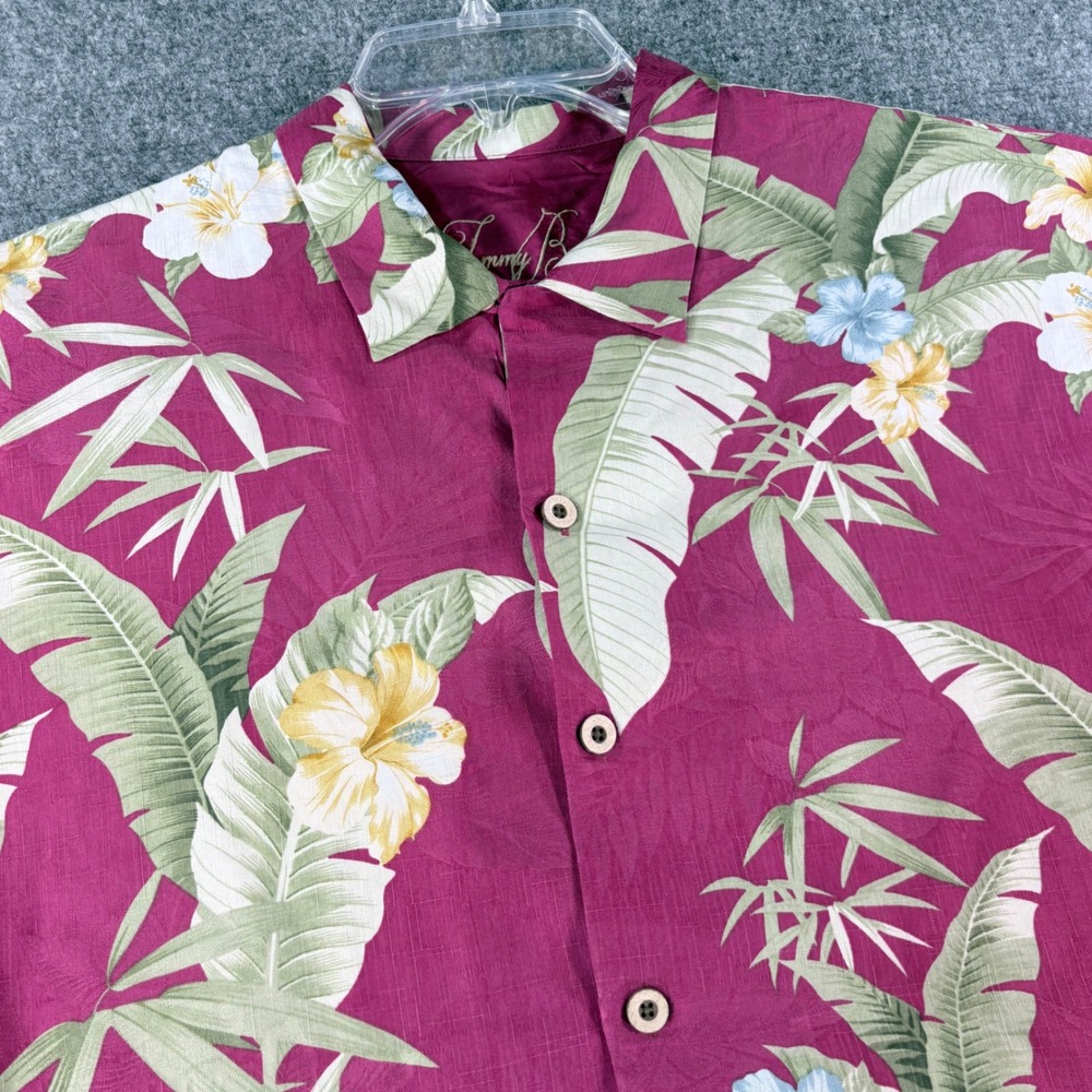 Tommy Bahama Mens Large Silk Tropical Hibiscus Palm Print Camp Shirt Burgundy